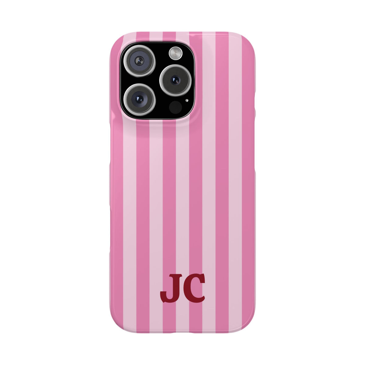 Pink Cabana Stripe snap phone case back view with custom initials
