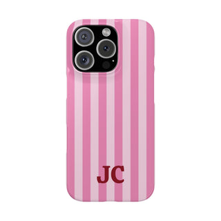 Pink Cabana Stripe snap phone case back view with custom initials