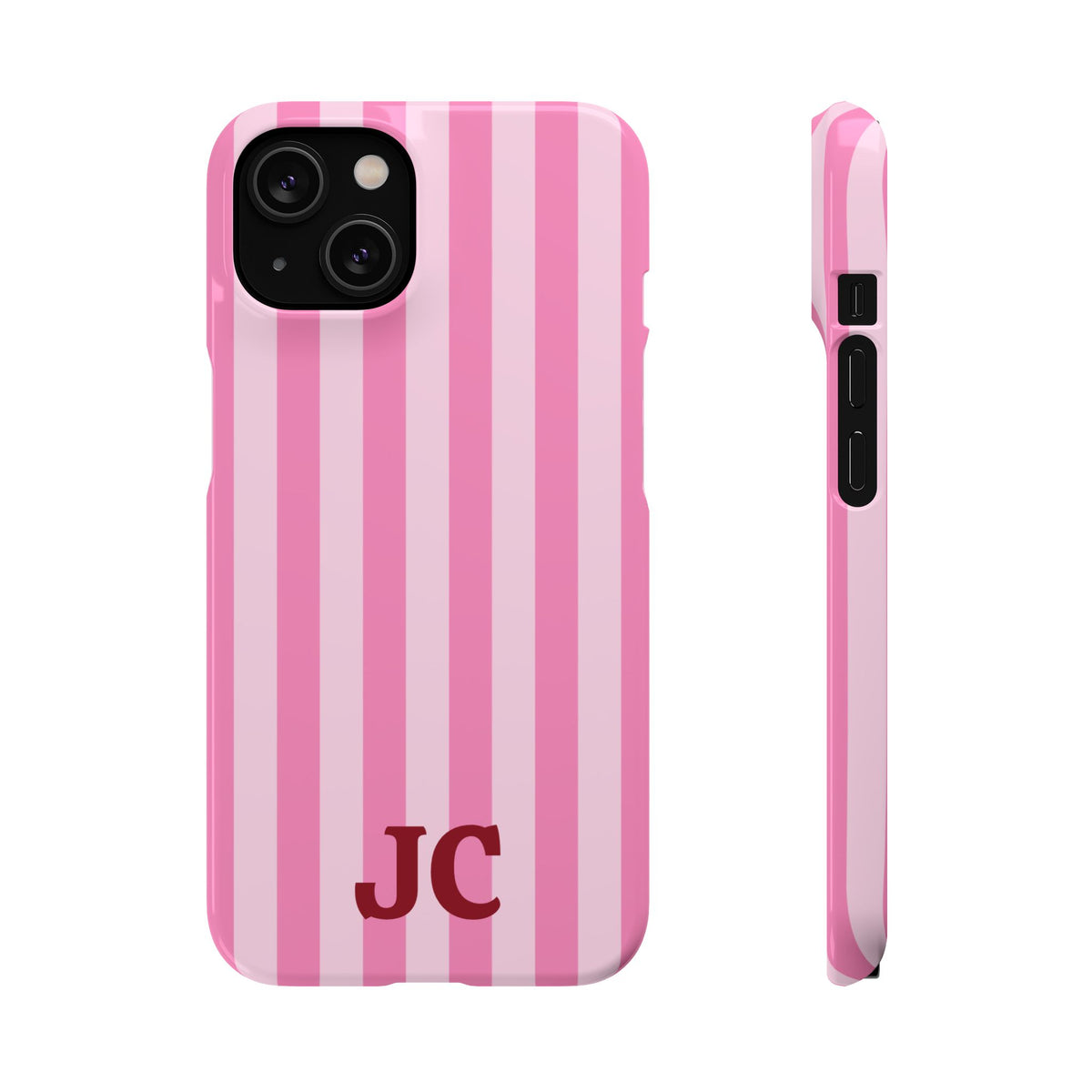 Back and side of the slim Pink Cabana Stripe snap phone case