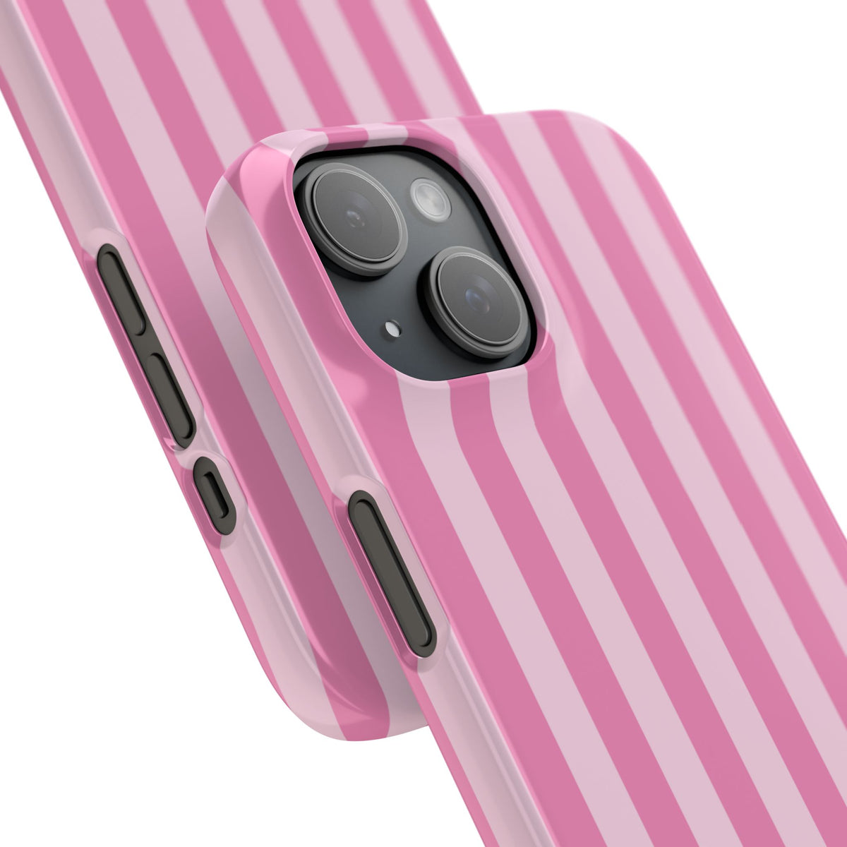Angled close-up of the Pink Cabana Stripe snap phone case