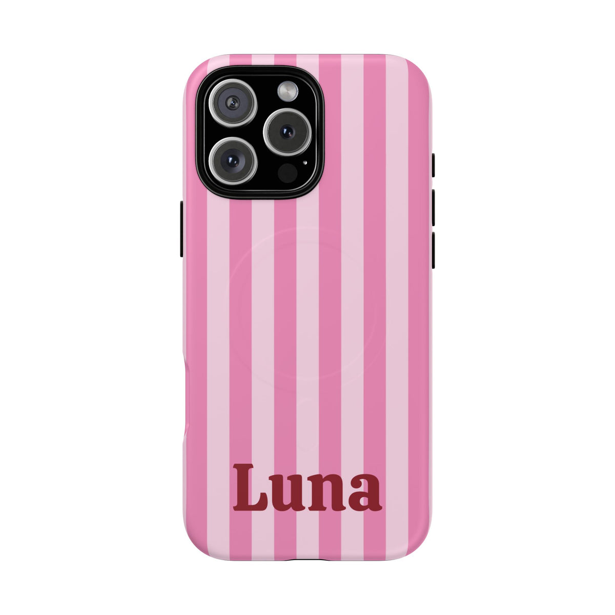 Pink Cabana Stripe tough magnetic phone case back view with a personalized name