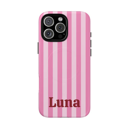 Pink Cabana Stripe tough magnetic phone case back view with a personalized name