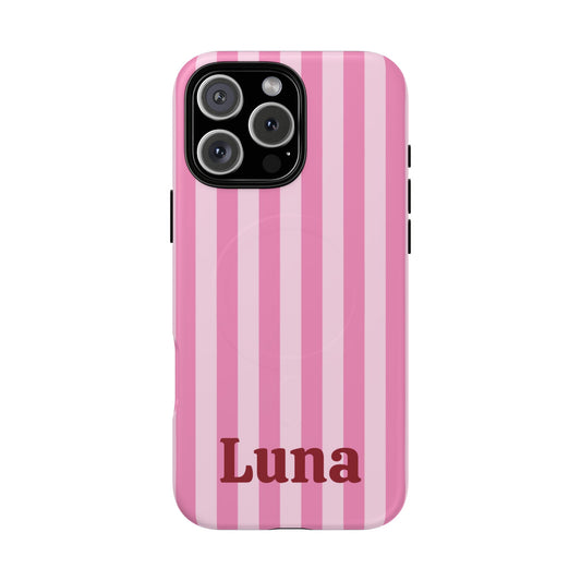 Pink Cabana Stripe tough magnetic phone case back view with a personalized name