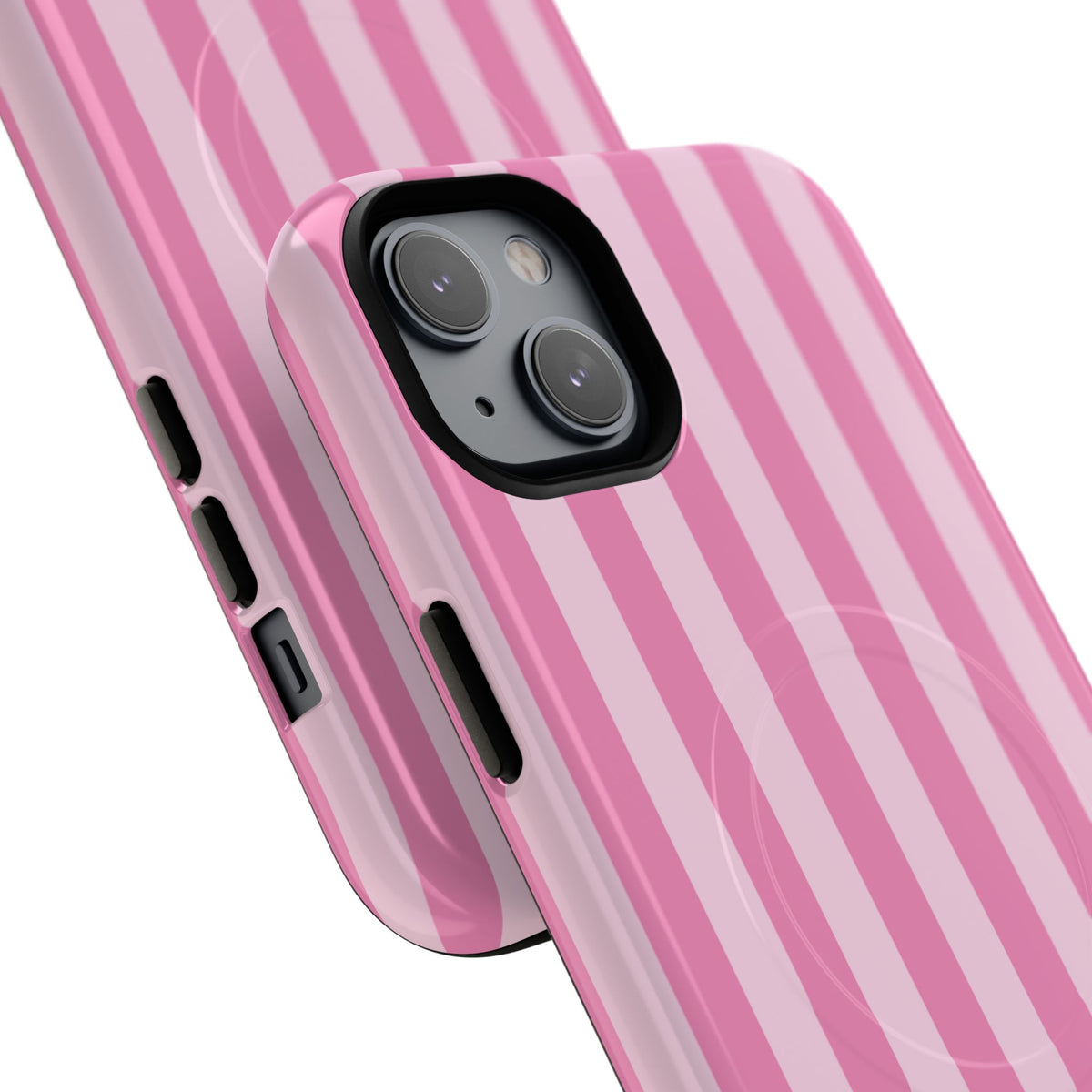 Angled close-up of the Pink Cabana Stripe MagSafe phone case