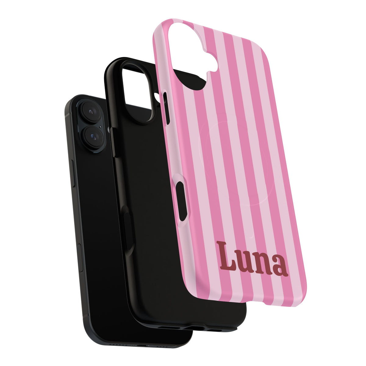 Pink Cabana Stripe MagSafe phone case shown next to the phone