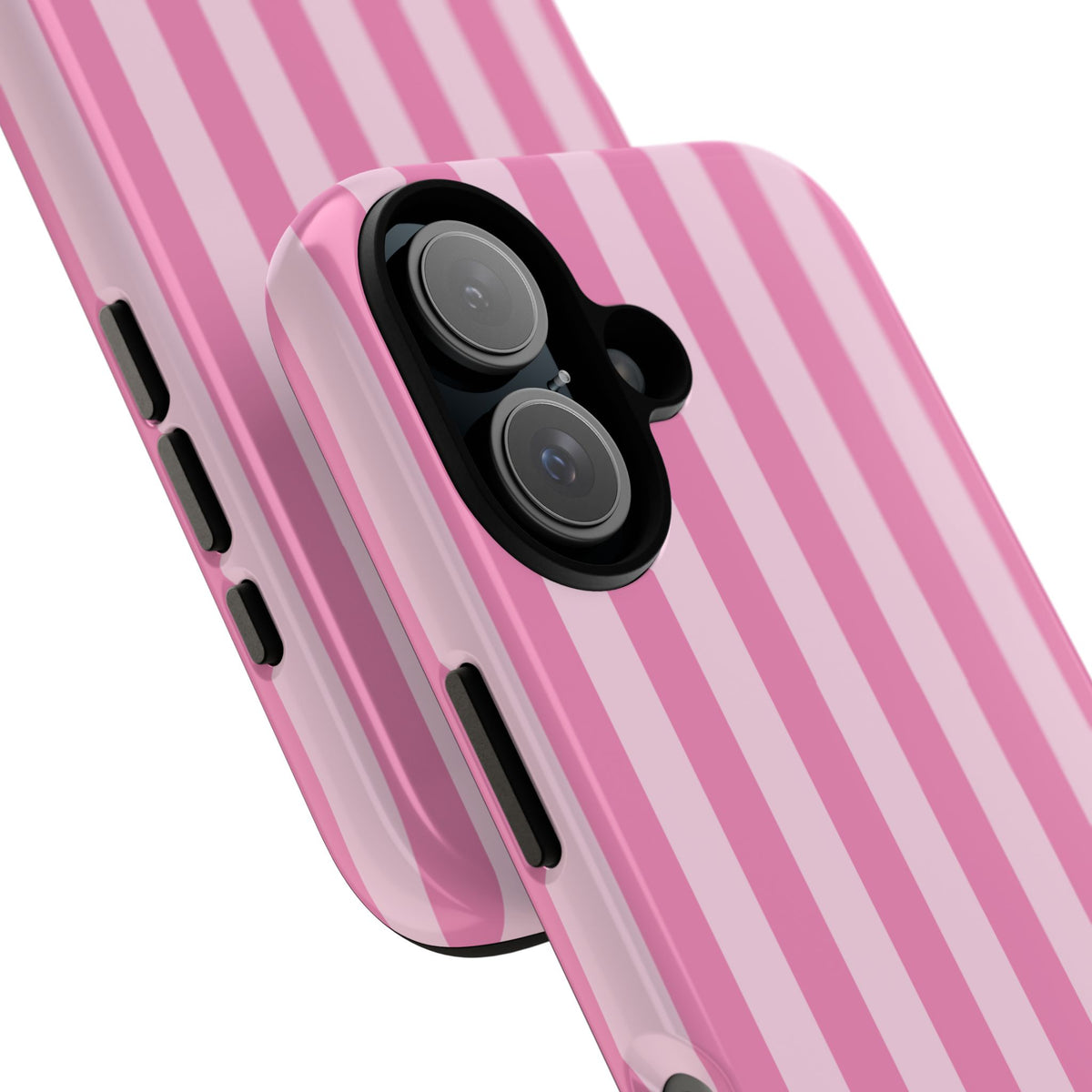 Close-up of the camera cutout on the Pink Cabana Stripe phone case