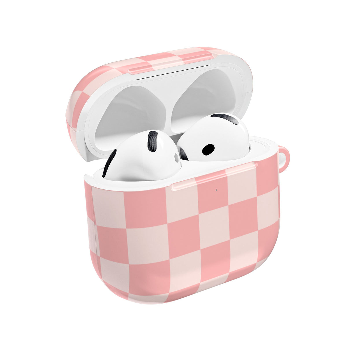 Pink Checkerboard AirPods case open with AirPods inside