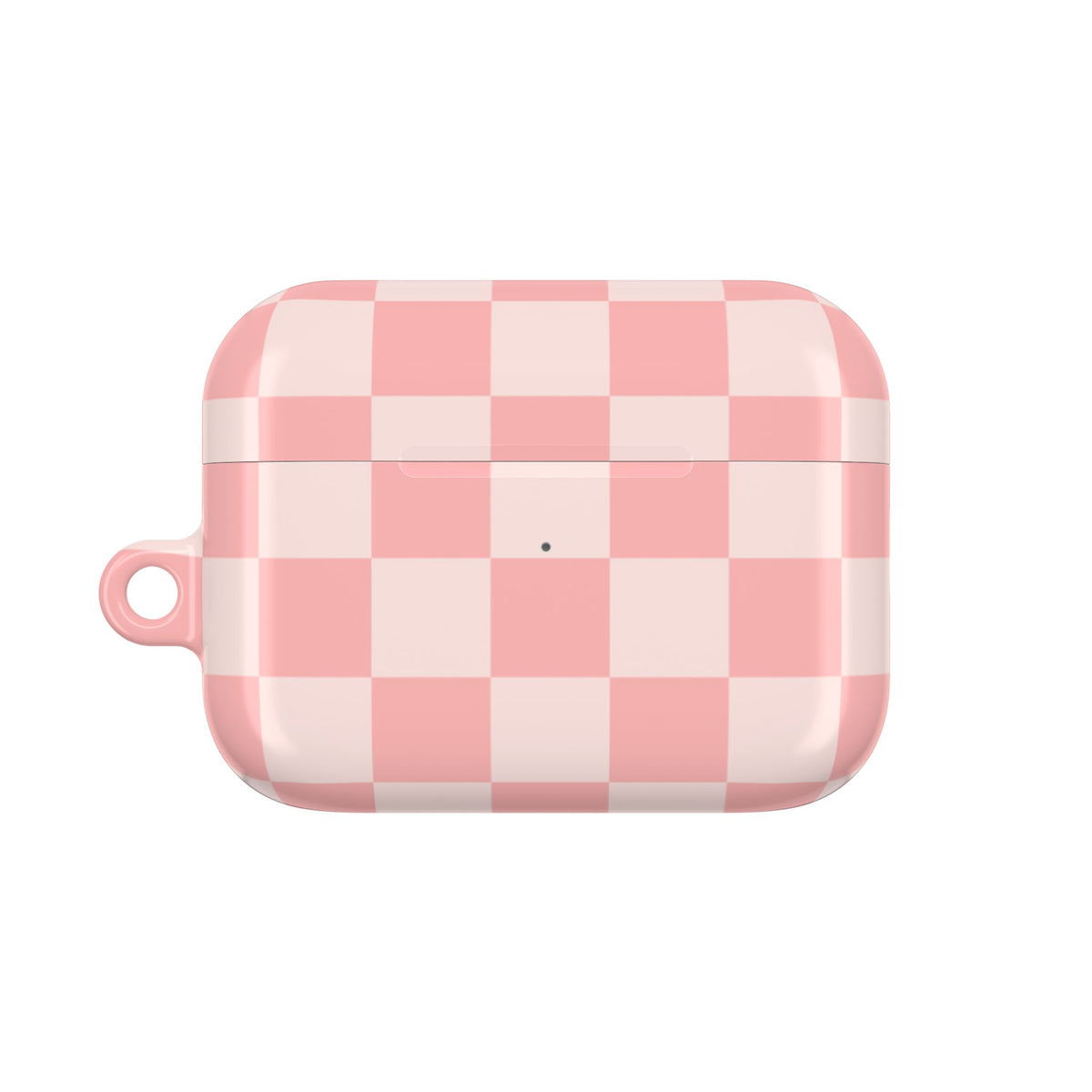 Pink Checkerboard AirPods case back with lanyard loop