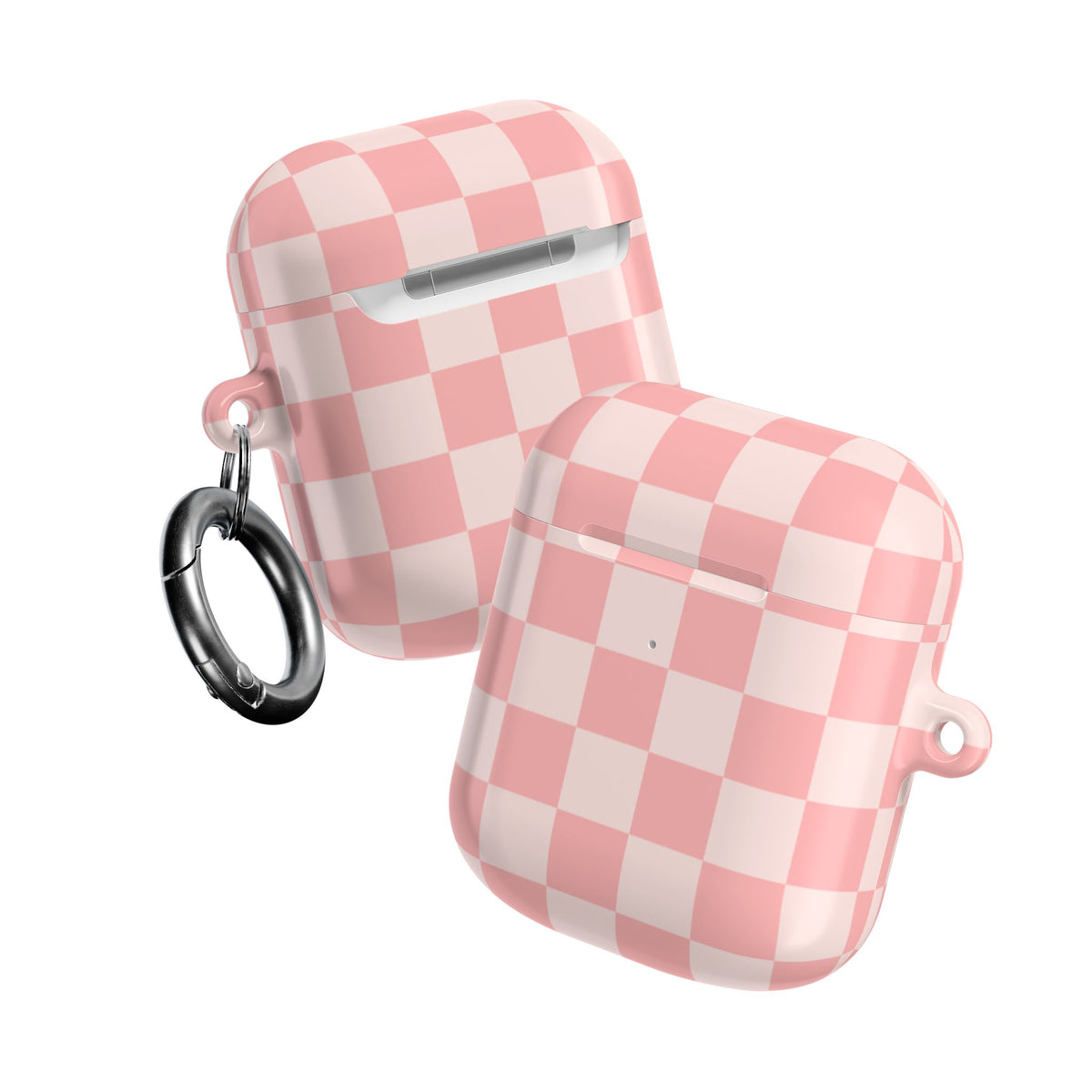 Pink Checkerboard AirPods cases in both shapes side by side