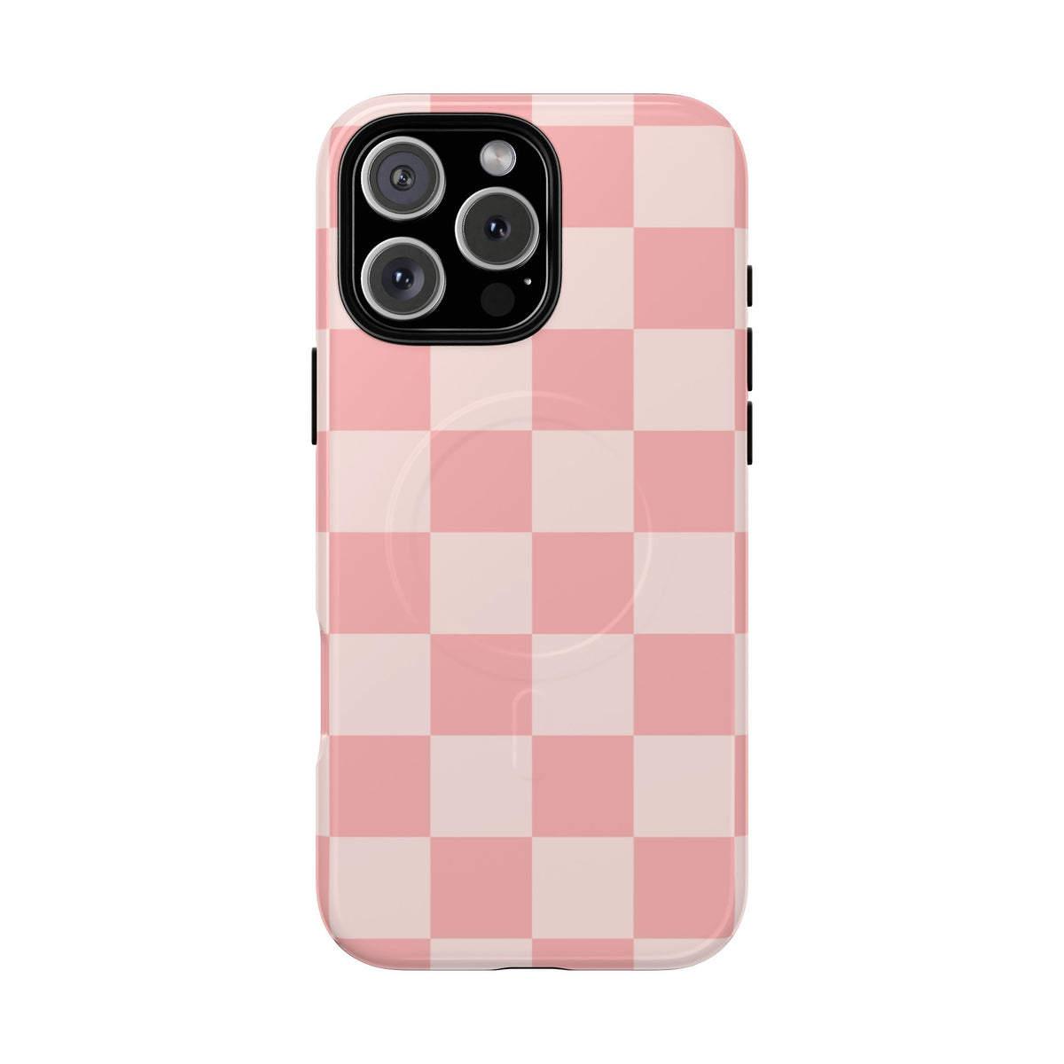 Pink Checkerboard tough magnetic phone case back view with blush and rose checks