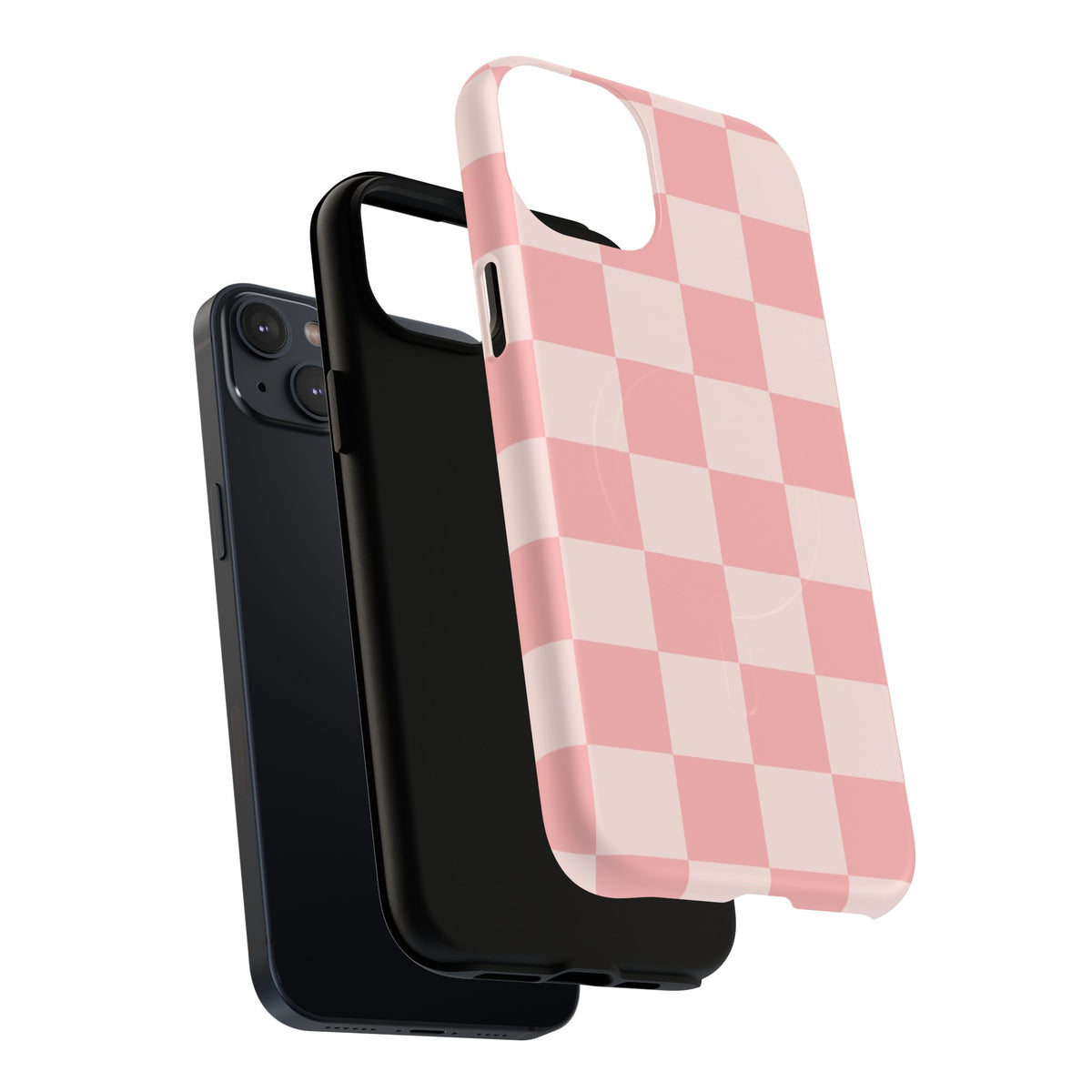 Pink Checkerboard MagSafe phone case sliding onto the phone