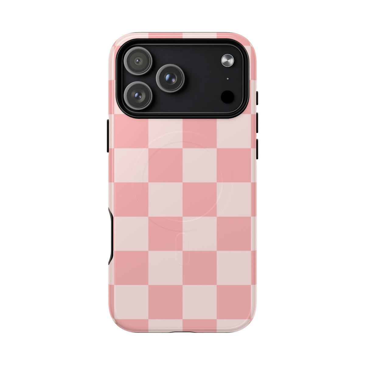 Pink Checkerboard magnetic phone case on a second iPhone model
