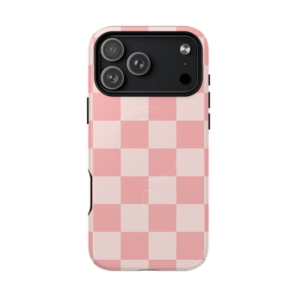 Pink Checkerboard magnetic phone case on a second iPhone model