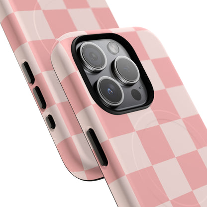 Close-up of the camera cutout on the Pink Checkerboard magnetic phone case