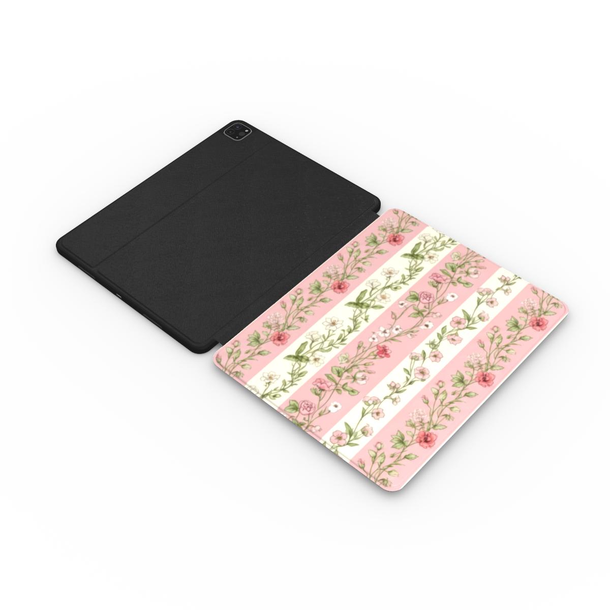 Pink Floral Stripe iPad case open, showing the printed front and black back