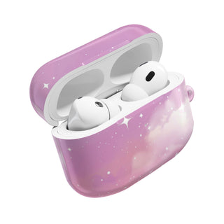 Pink galaxy AirPods case open with AirPods inside