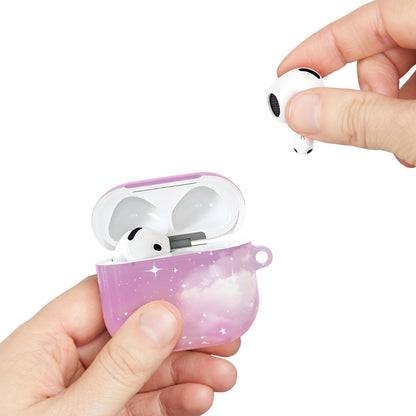 Pink galaxy AirPods case held in hand while taking out an AirPod