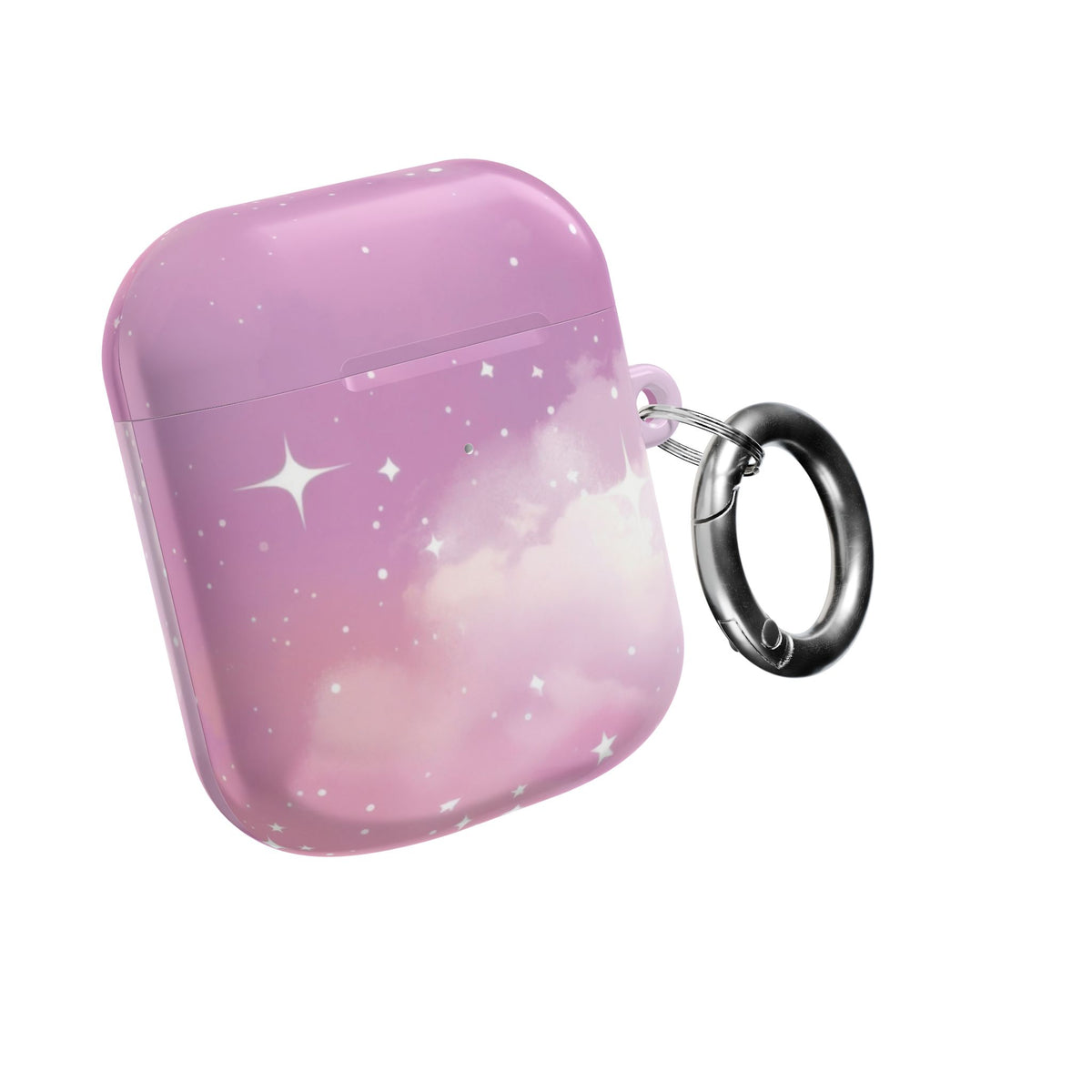 Pink galaxy AirPods case closed, with the carabiner clip