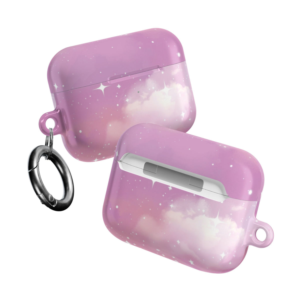 Two pink galaxy AirPods cases seen from different angles
