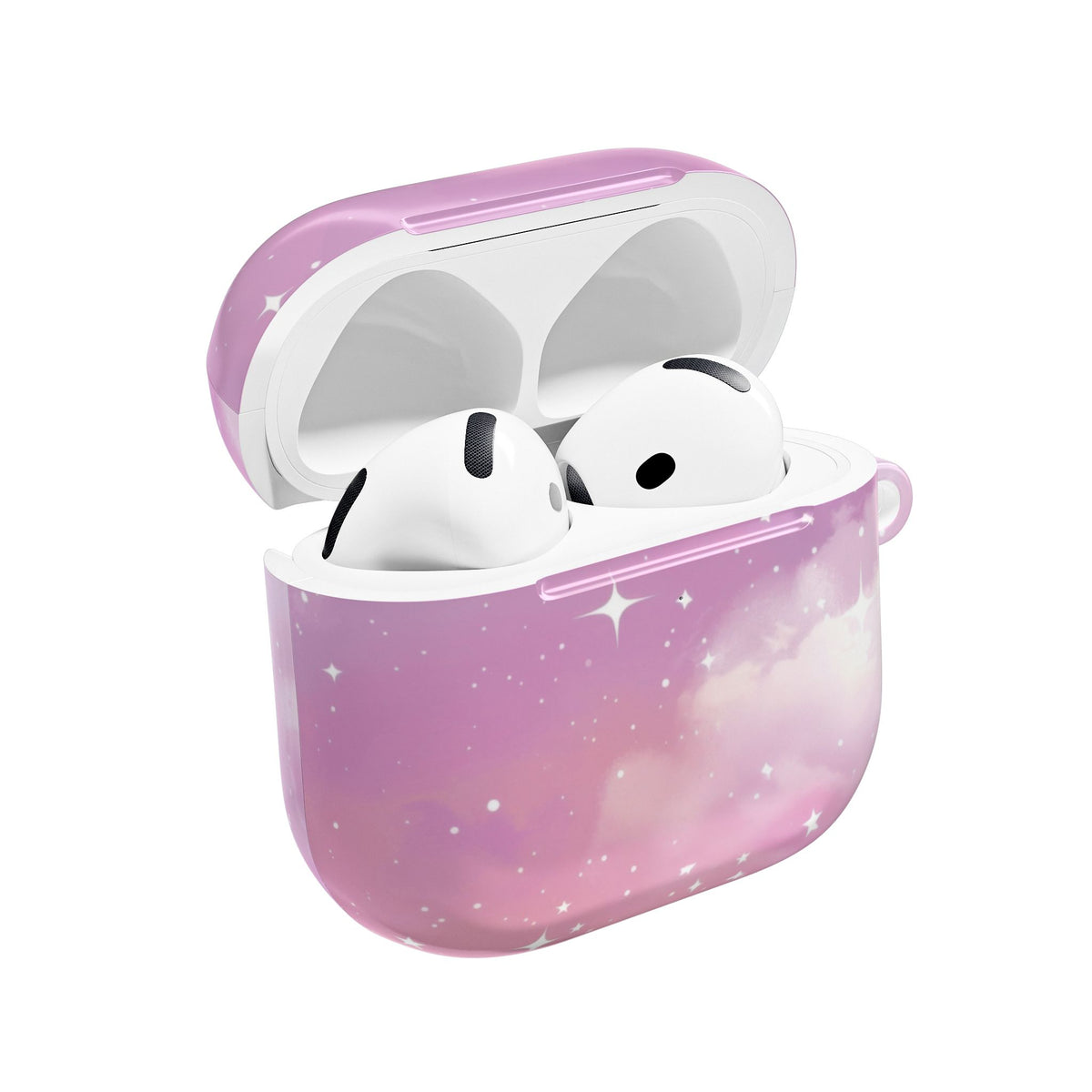 Pink galaxy AirPods case open at an angle