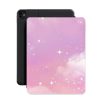 Pink Galaxy iPad case standing in front of a black iPad