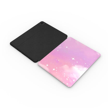 Pink Galaxy iPad case opened flat showing the printed front and black back