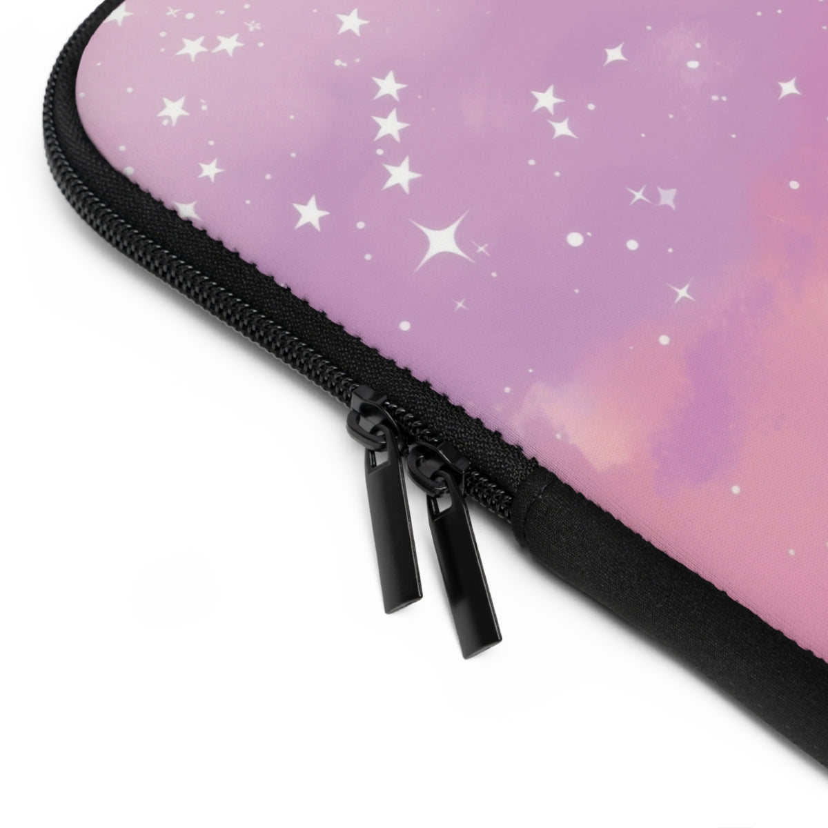 Close-up of the zip and edge of the Pink Galaxy laptop sleeve