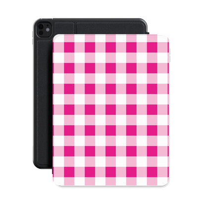 Pink gingham iPad case shown with an iPad