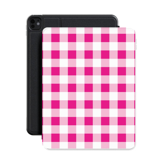 Pink gingham iPad case shown with an iPad