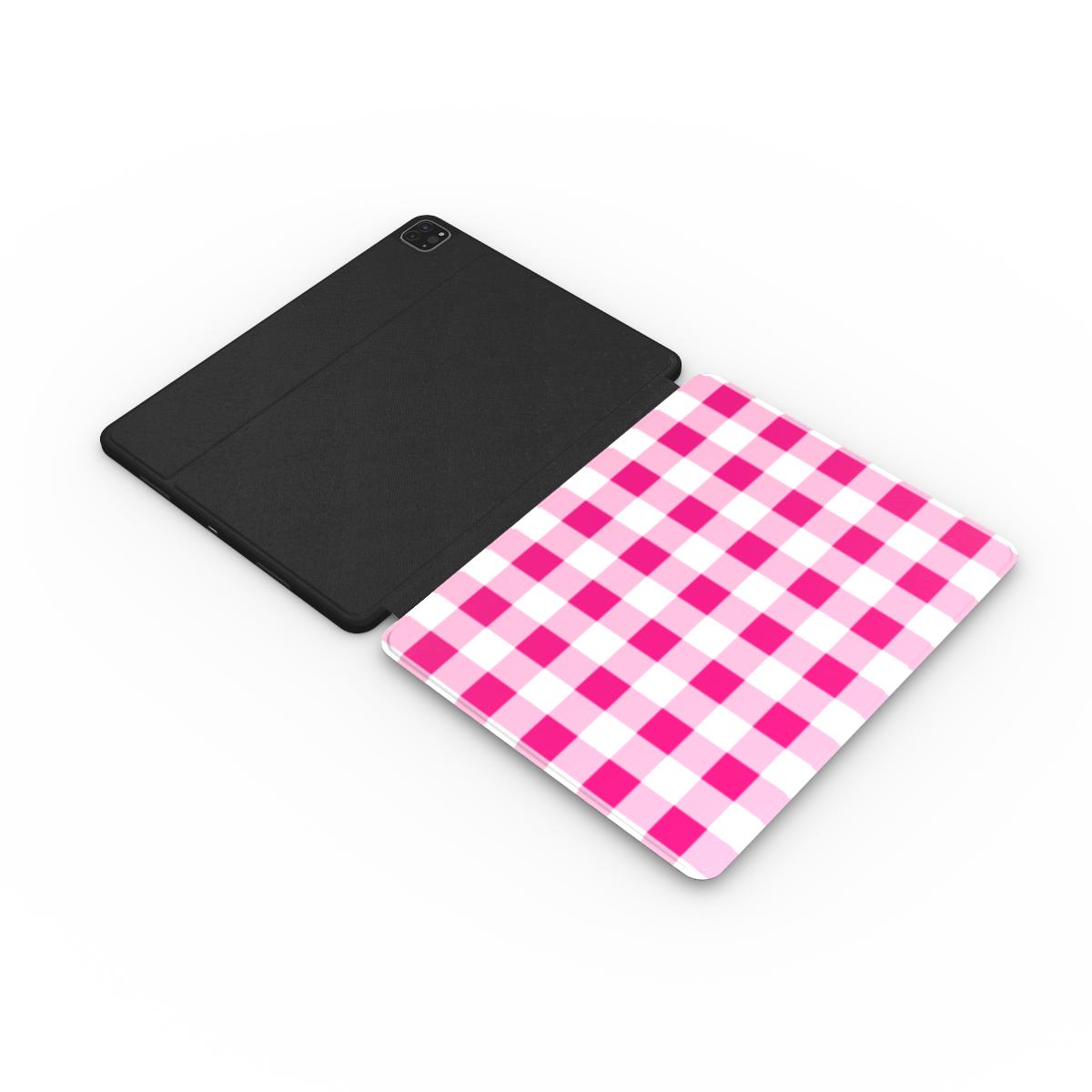 Pink gingham iPad case open, showing the printed front and black back
