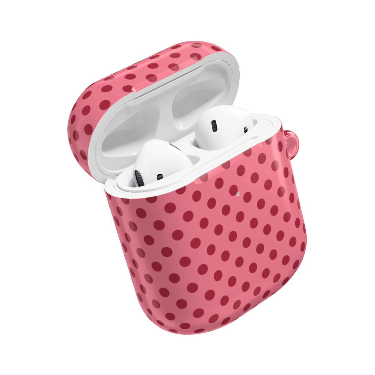Pink polka dot AirPods case open at an angle with the earbuds inside