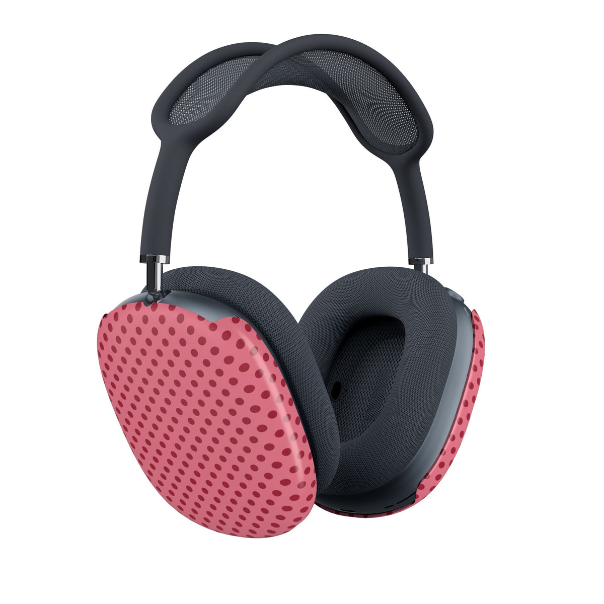 Side view of the pink polka dot AirPods Max case on the headphones