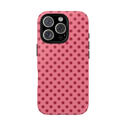Pink Polka Dot tough phone case back view with raspberry dots on coral