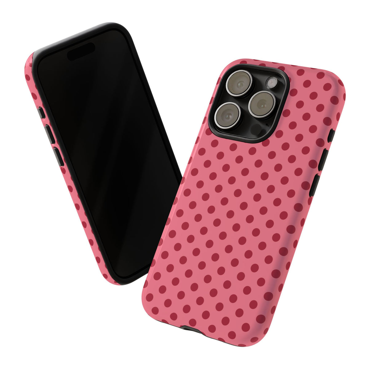 Pink Polka Dot tough phone case shown with the phone