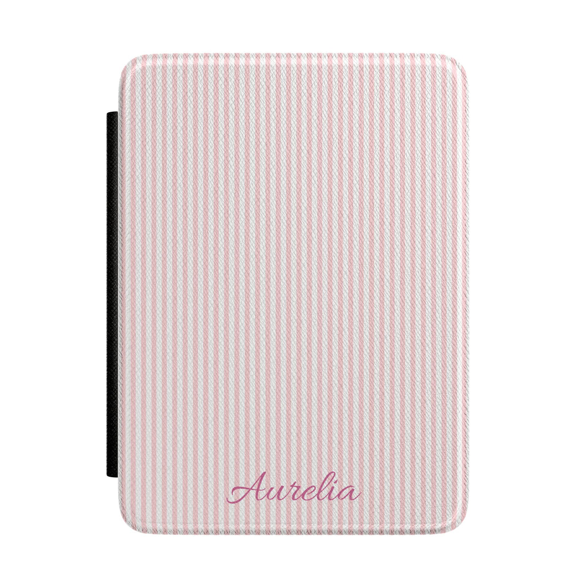 Pink Seersucker Kindle case front with personalized name in script
