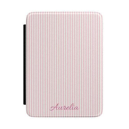 Pink Seersucker Kindle case front with personalized name in script