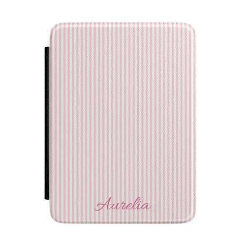 Pink Seersucker Kindle case front with personalized name in script