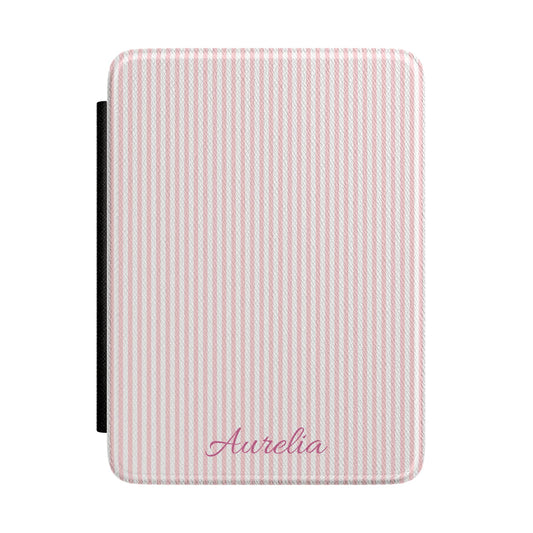Pink Seersucker Kindle case front with personalized name in script