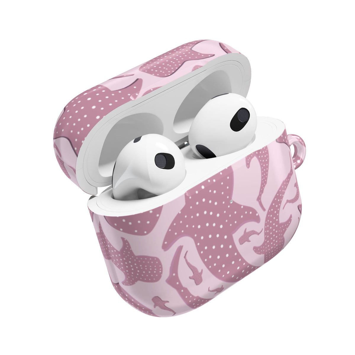 Pink whale shark AirPods case open with earbuds inside