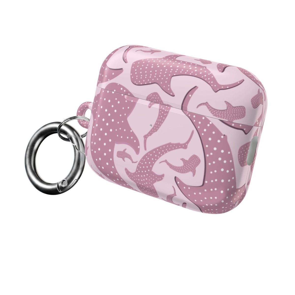 Pink whale shark AirPods case with metal carabiner clip