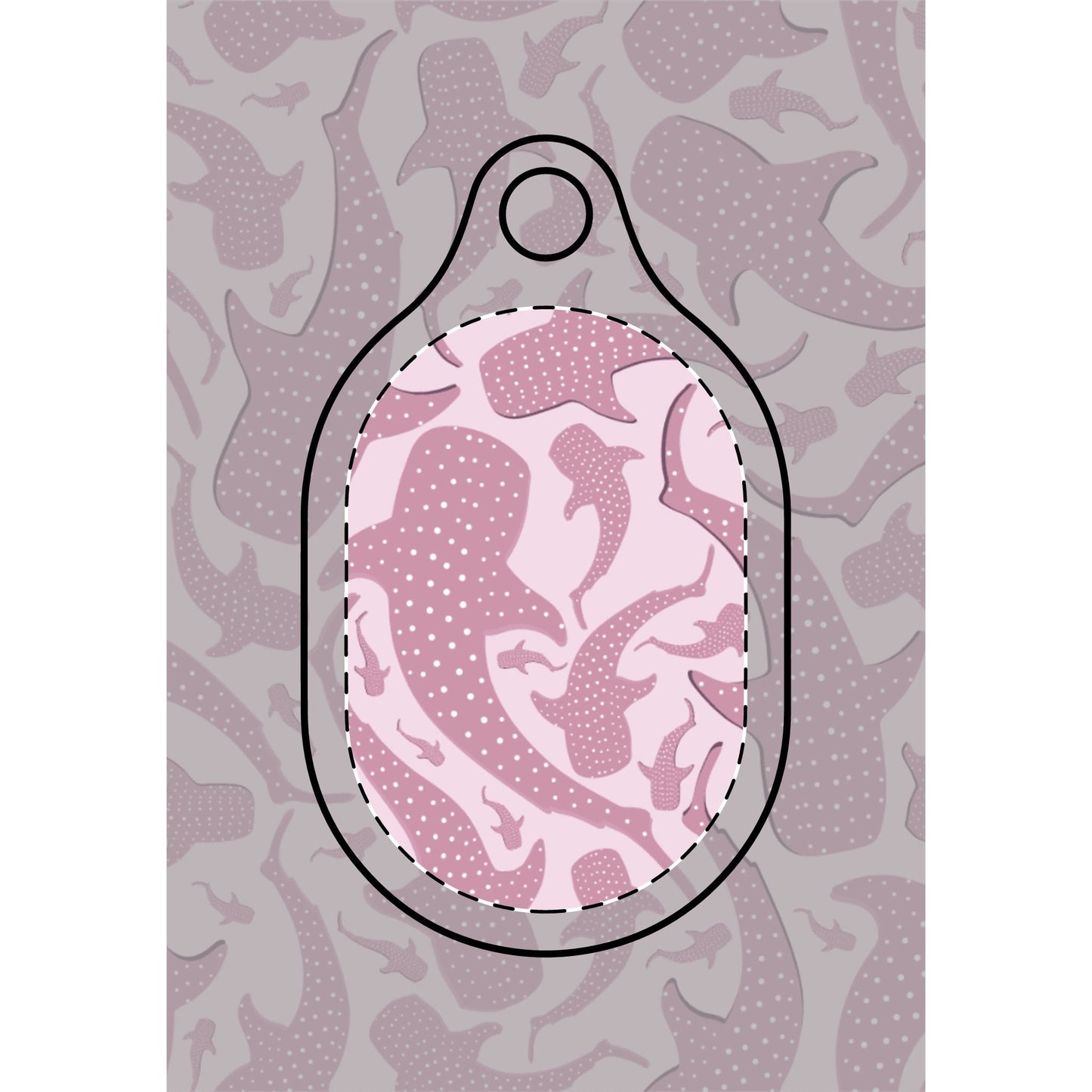 Pink whale shark AirTag case in dusty rose and blush, spotted shark silhouettes across the shell