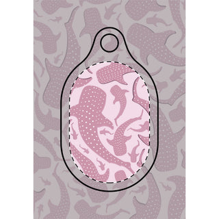 Pink whale shark AirTag case in dusty rose and blush, spotted shark silhouettes across the shell