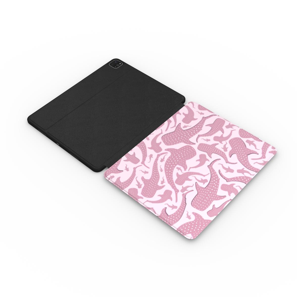 Pink Whale Shark iPad case open, showing the printed front and black back