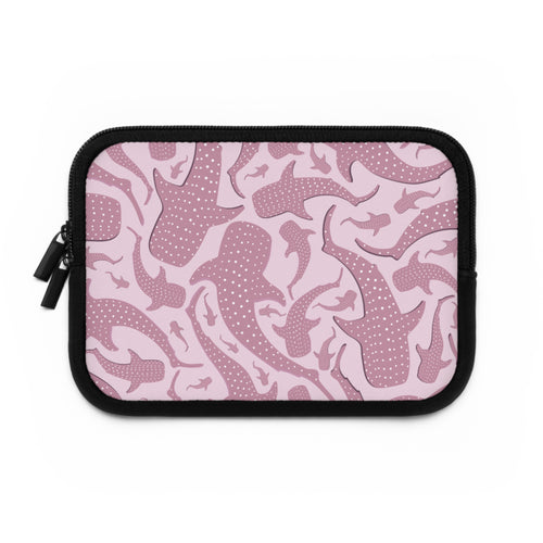 Pink whale shark laptop sleeve with dusty rose spotted sharks scattered across a pale pink field