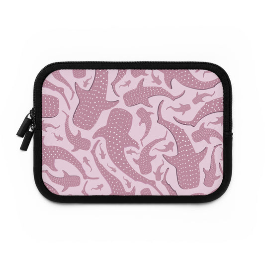 Pink whale shark laptop sleeve with dusty rose spotted sharks scattered across a pale pink field