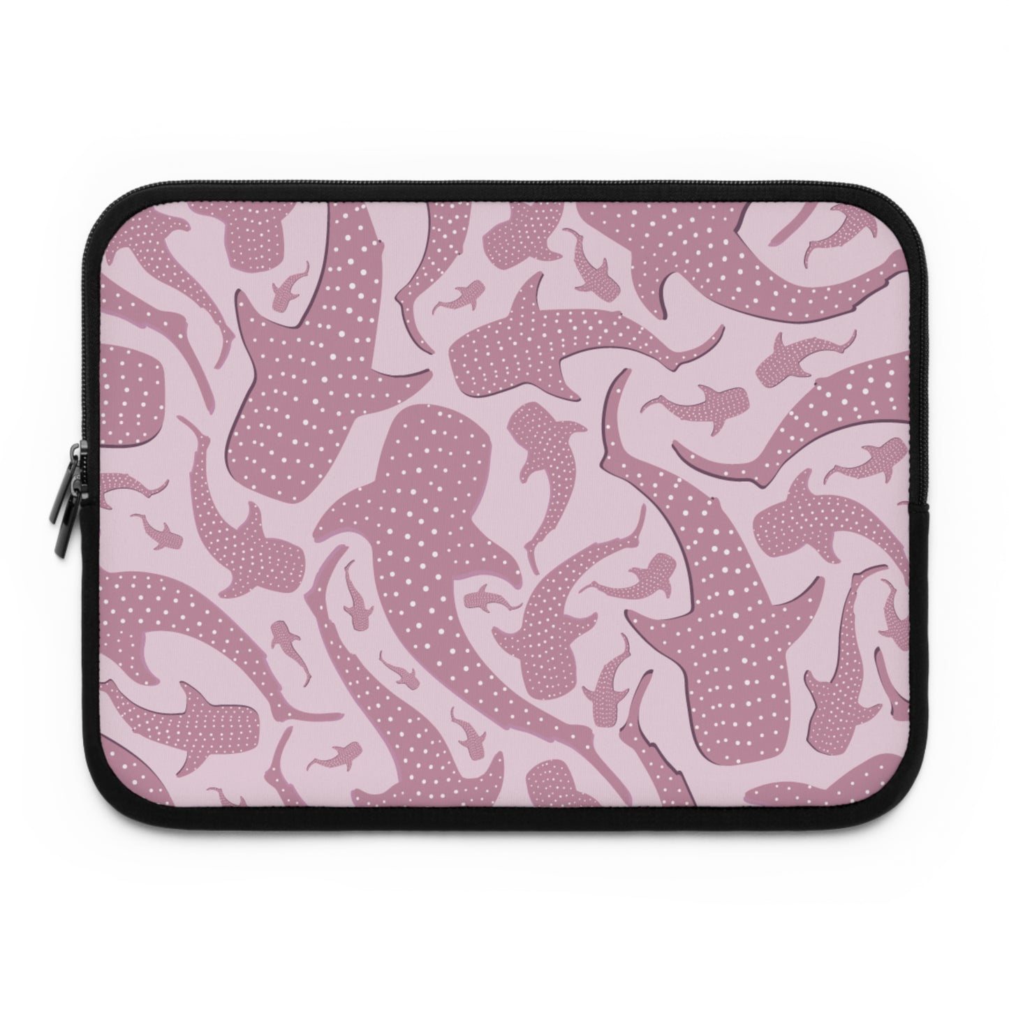 Two-tone pink whale shark design on a laptop sleeve, soft blush ground with deeper mauve sharks