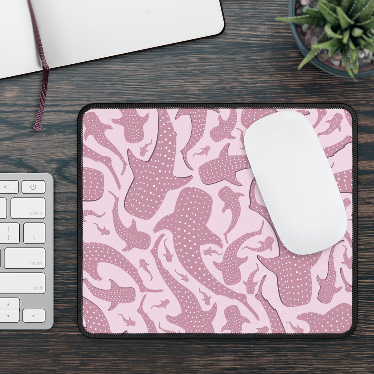 Pink Whale Shark mouse mat on a wooden desk with a keyboard and white mouse