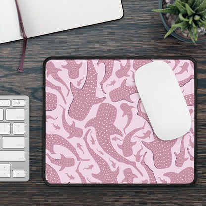 Pink Whale Shark mouse mat on a wooden desk with a keyboard and white mouse