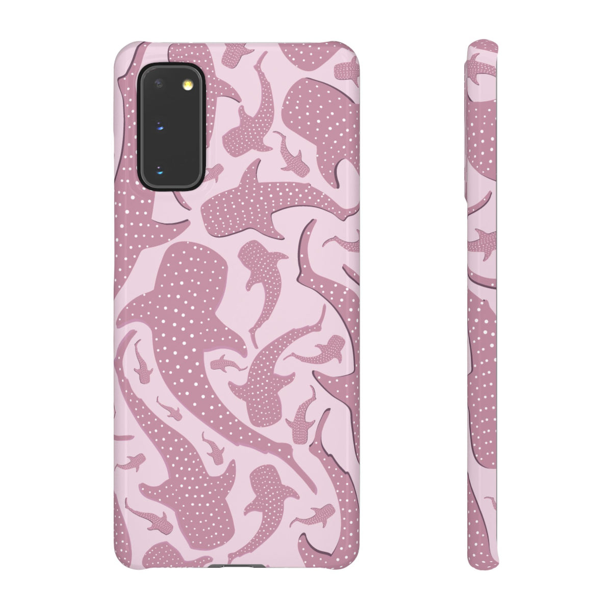Back and side of the slim Pink Whale Shark snap phone case