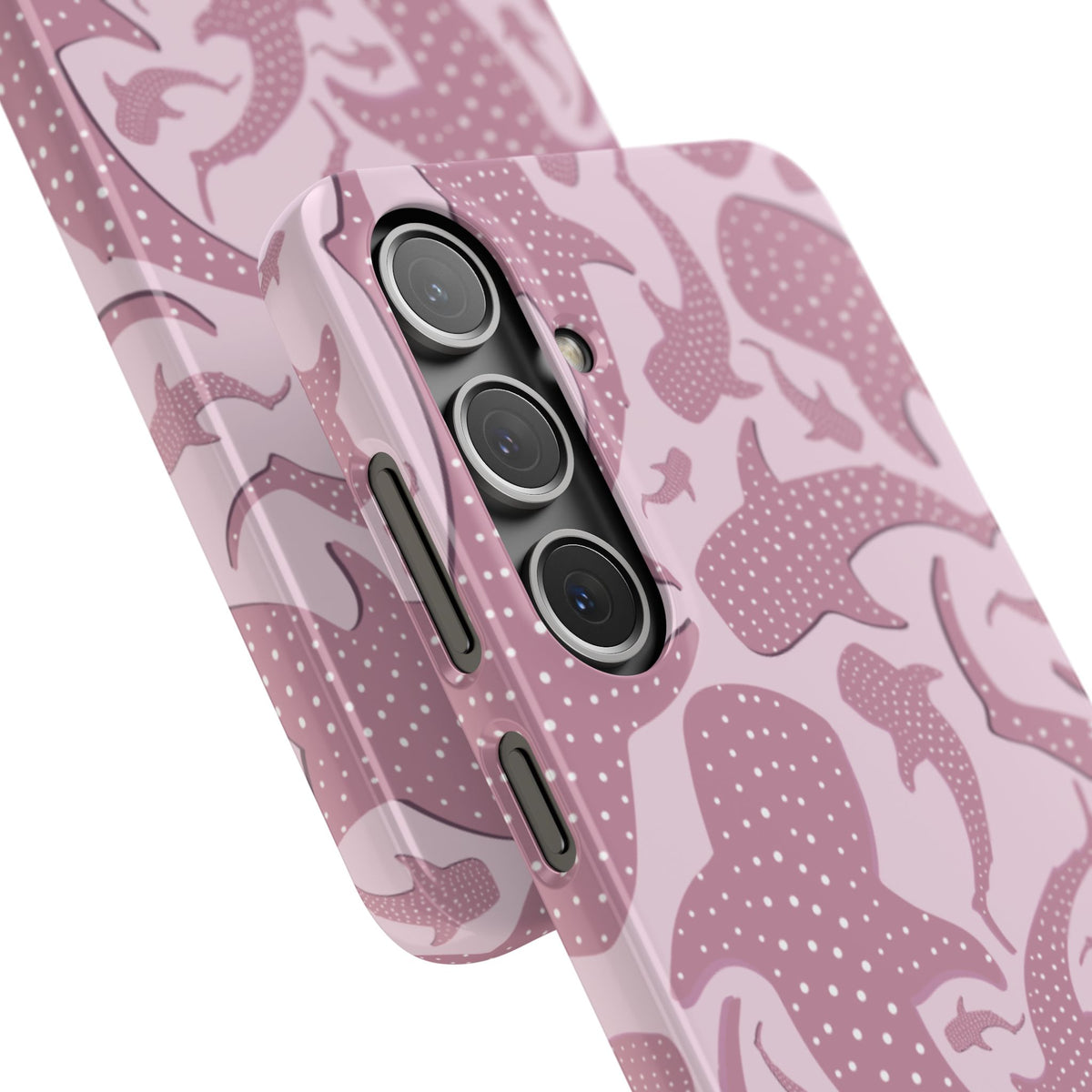 Close-up of the Pink Whale Shark snap phone case around the camera